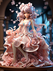 可爱的立体卡通小女孩穿粉色花朵公主裙IP形象高清图片