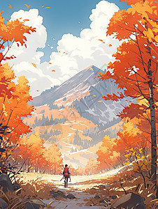 秋天小道一个小小卡通人背着包在走向大山唯美风景插画