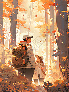 秋天站在树林中徒步的卡通男女青年图片