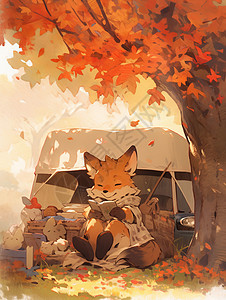 秋天坐在树下看书的可爱卡通小狐狸图片