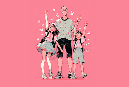 一个父亲与两个快乐女孩卡通人物背景图片