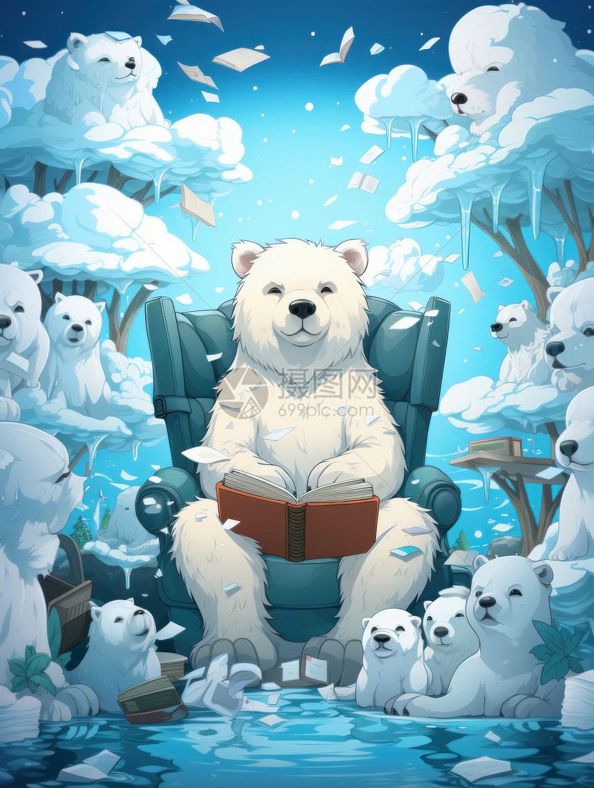 坐在沙发上看书讲故事的卡通北极熊图片