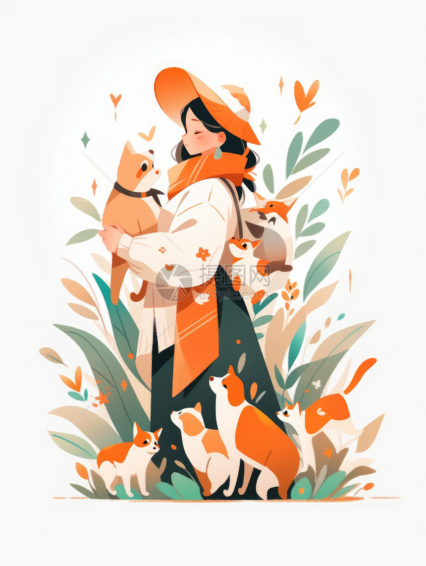 站在花丛中抱着宠物的卡通小女孩图片