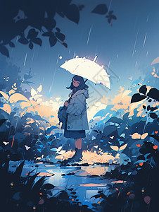 在森林中撑白色雨伞的卡通女孩图片