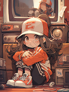 戴棒球帽坐在电视机前可爱的卡通小女孩背景图片