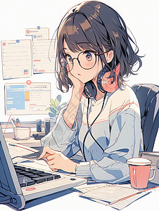教师办公坐在电脑前看安静工作的卡通女孩插画