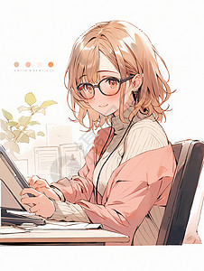 批粉色披肩穿毛衣在电脑前工作的卡通女孩背景图片