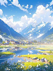 雪山下一座美丽的卡通小村庄背景图片