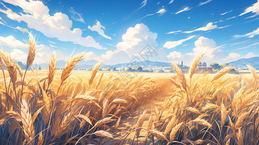 秋天金黄色丰收的卡通田地背景图片