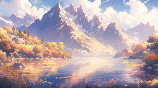 秋天野外美丽的大山与湖泊卡通风景背景图片