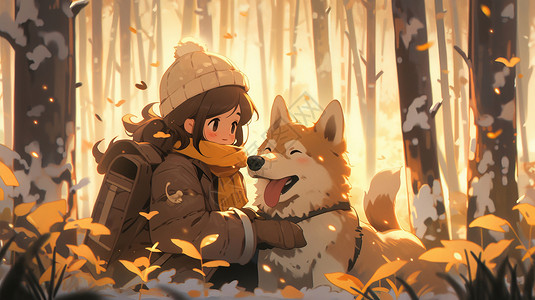 秋天可爱的卡通女孩与小狗在森林中玩耍图片