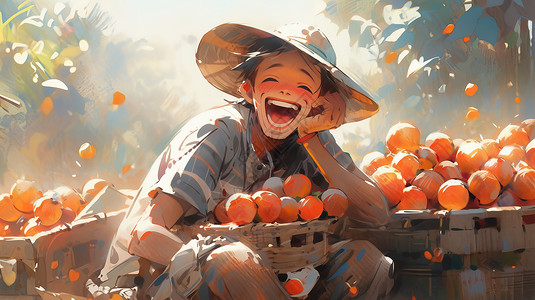 开心大笑卖水果的卡通农民背景图片