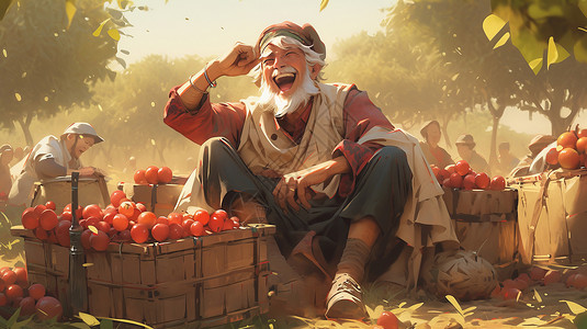 坐在地上开心卖水果的卡通农民背景图片