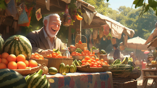 水果摊卖水果的白发卡通老爷爷背景图片