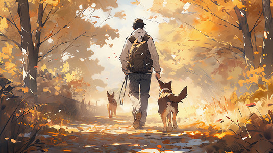 合肥包公园背着包的人物背影与宠物狗一起在树林中散步插画