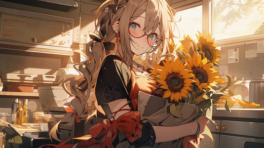 开心抱着向日葵花束卡通女老师背景图片