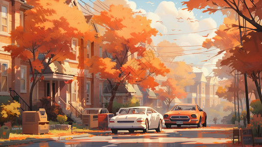 秋天幽静的卡通街道图片