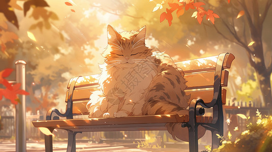 秋天坐在长椅上睡觉的卡通猫图片