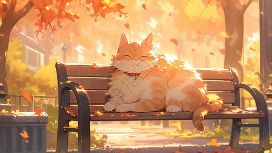 趴在垫蒲上的猫秋天趴在长椅上睡觉可爱的卡通猫插画