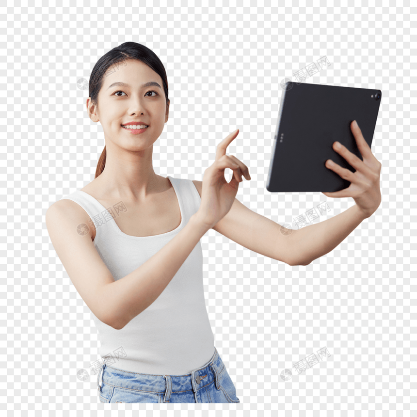 女性使用平板电脑遥控设备图片