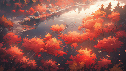 红叶一片傍晚秋天河边一片火红的卡通树插画