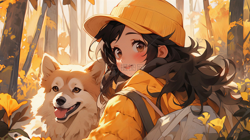 秋天戴黄色帽子可爱的卡通女孩与宠物狗图片