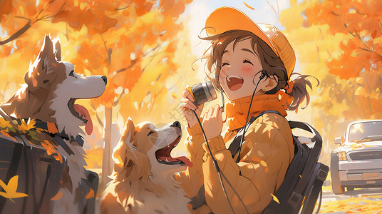 旅行女孩相机拿着相机的卡通女孩与宠物狗一起开心笑，秋天可爱的卡通狗与卡通女孩在树林中插画