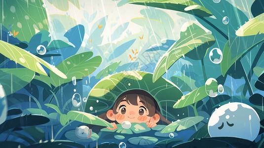雨中可爱的卡通小姑娘在叶子下躲雨图片