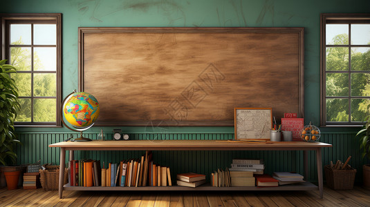 室内桌椅教室内复古木质长长的黑板与书籍插画