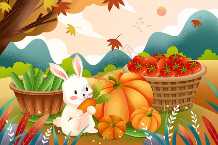 秋天农作物丰收小兔子收获果实插画图片
