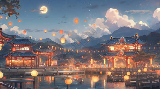 中秋节月亮风景天空上圆圆的月亮与唯美卡通风景插画