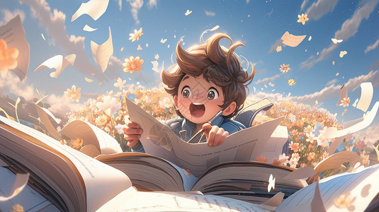 惊讶小表情惊讶表情看书的卡通男孩在花丛中插画