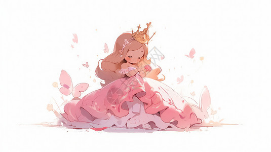 头戴皇冠穿粉色公主裙的卡通小公主卡通女孩高清图片素材