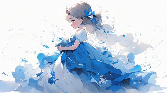 穿蓝色裙子长发可爱的卡通小公主图片