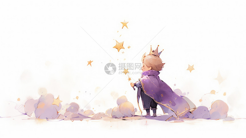 头戴皇冠围着紫色斗篷的可爱卡通小王子图片