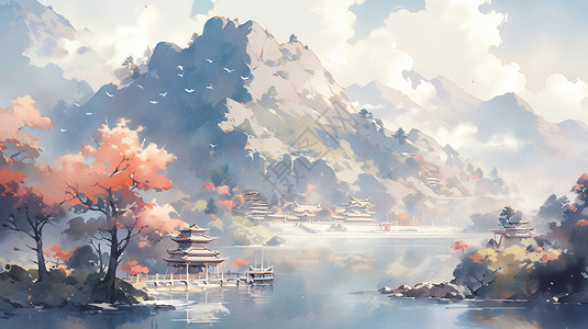 秋天依山傍水的唯美古建筑山水风景插画