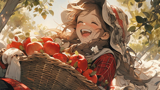 女孩提着篮子秋天提着一篮苹果开心笑卡通女孩插画