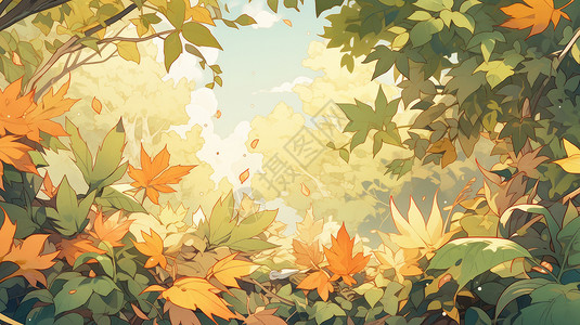 初秋茂密唯美的卡通枫叶背景图片