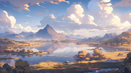 秋天唯美的卡通湖泊与山水风景图片