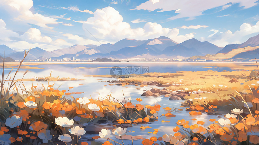 秋天湖泊旁开满美丽的花朵卡通风景图片