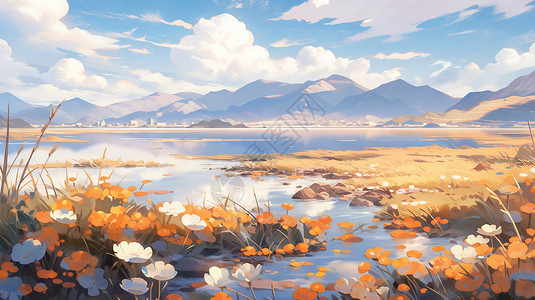 金秋驾到卡通字秋天湖泊旁开满美丽的花朵卡通风景插画