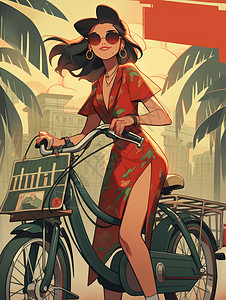 复古自行车穿红色裙子骑自行车时尚复古的卡通女人插画