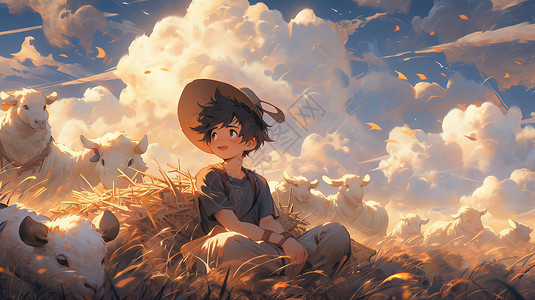 秋天卡通小男孩坐在草堆里放羊图片