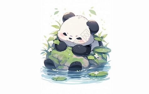 坐在水边嬉戏的卡通大熊猫背景图片