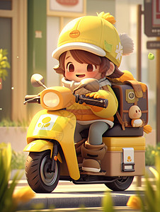 骑摩托快递员骑黄色摩托车可爱的卡通送餐员插画
