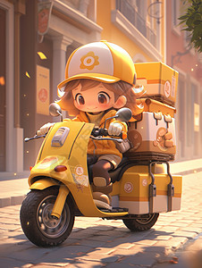 骑摩托快递员戴黄色棒球帽骑摩托车送快递的卡通女孩插画