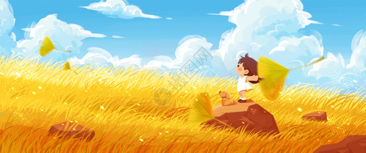 女孩在弹琵琶秋天女孩和狗站在石头上吹秋风GIF高清图片