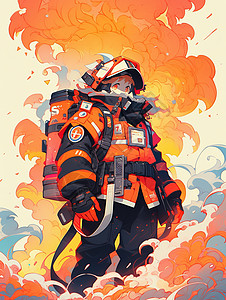 背着装备站在浓烟中的卡通消防员背景图片