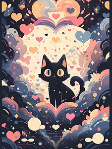 深色海报在深色云朵中可爱的卡通小黑猫插画