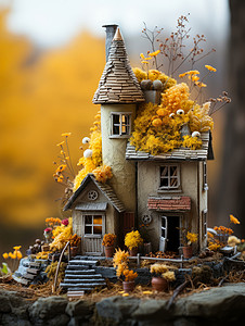 秋天房顶上长满草的卡通羊毛毡城堡背景图片